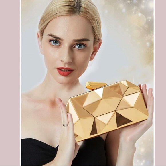 Women Lattice Pattern Metal Evening Clutch Bag Geometric With Chain Strap - Picture 6 of 6